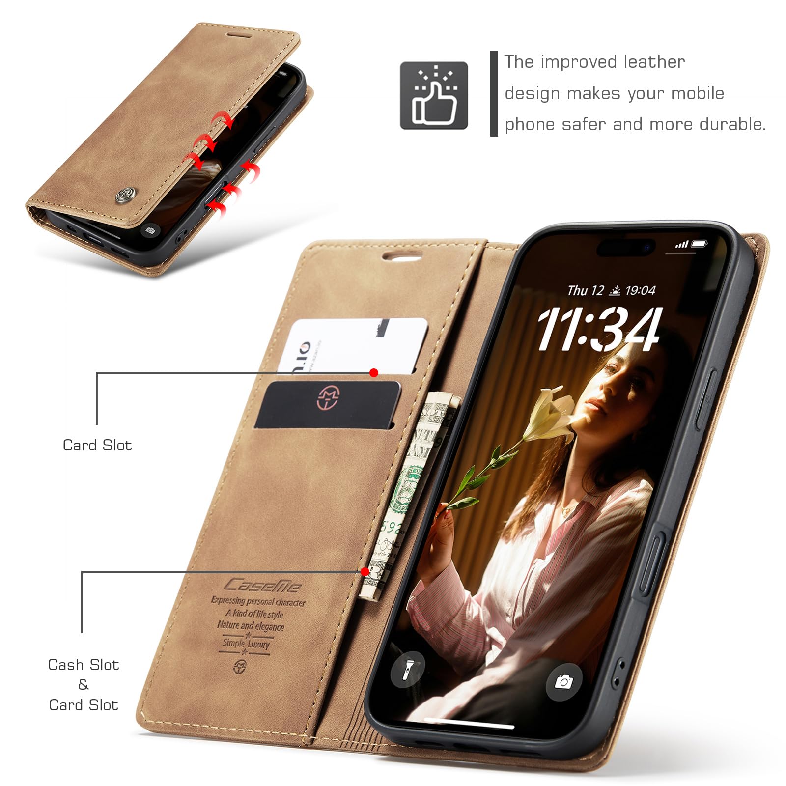 CaseMe Schutzhülle Für IPhone 16 Pro – PU-Leder Mit Kartenfächern & Magnetischem Standfuß, Kaffeebraun