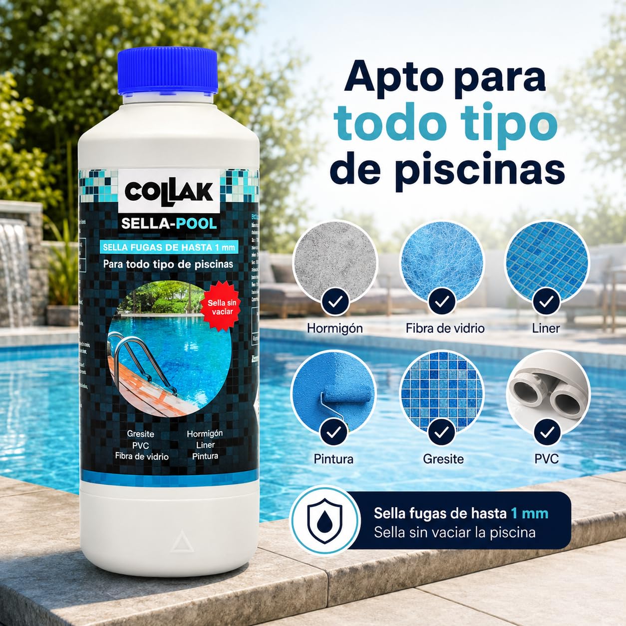 Collak Sigillante per perdite per piscina Seala-Pool 1L - Ripara crepe senza vuoto - Compatibile con Liner, Calcestruzzo, PVC, Fibra, SPA, Serbatoi e Tubi - Uso professionale e domestico