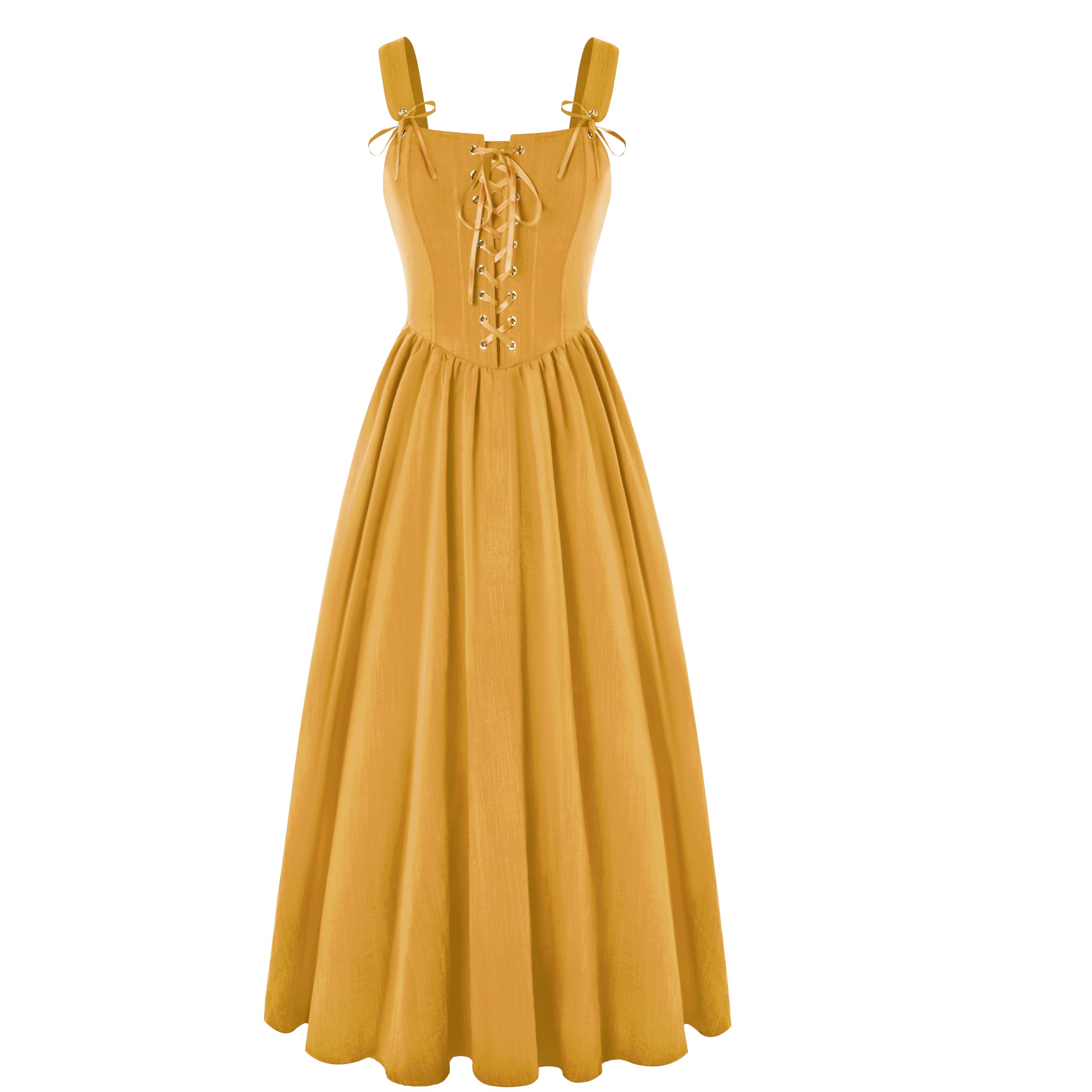 Scarlet Darkness Renaissance Costume Women Lace Up Sleeveless Long Dress, Yellow, XX-Large
