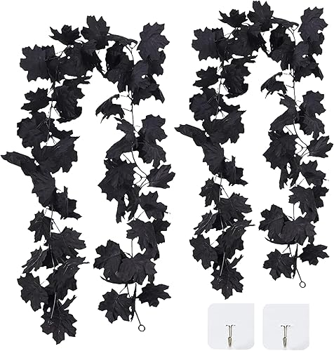 Miniatura 4 de Guirnalda de hojas negras artificiales de Halloween, guirnalda otoñal, 2 unidades, guirnalda de hojas de arce de otoño de Halloween, 5.7 pies, vid