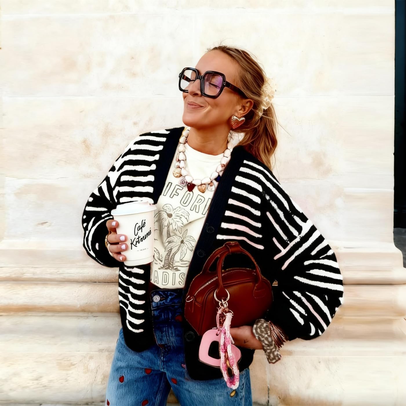 Knitted Cardigans for Women Mixed-Pattern Striped Knit Jumper Long Sleeve Women's Cardigan Sweater - Image 7