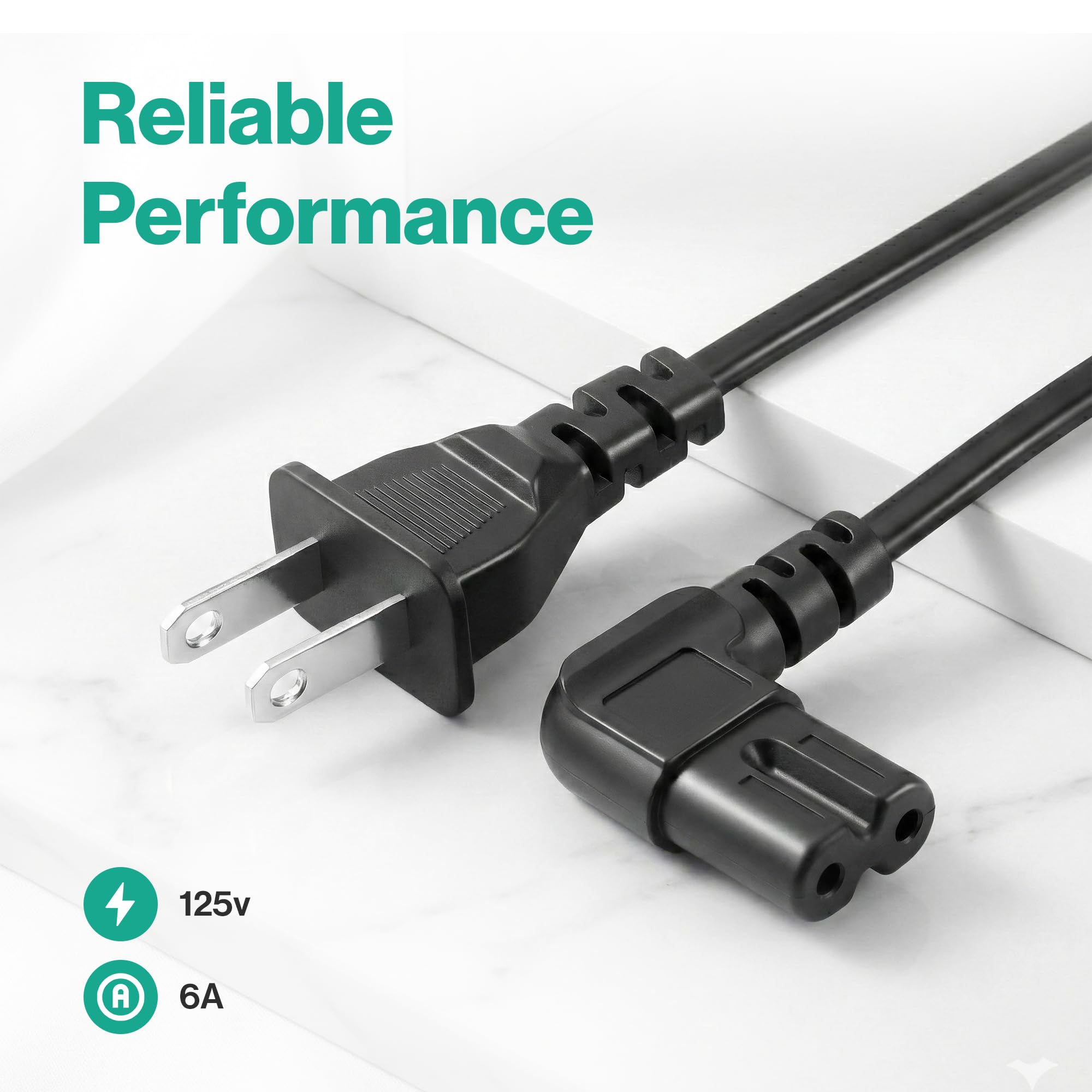 AC 90 Degree Right Angle 2 Prong TV Power Cord Replacement 5ft L Shaped Angled IEC C7 TV Cable for Samsung, LG, TCL, Hisense, Sony, Vizio, Insignia, Sharp, Toshiba — view 9