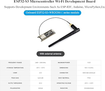 ESP32-S3 Development Board N16R8 16MBFlash + 8MB S RAM, 2.4GHz Wi-Fi and Bluetooth 5, 240MHz Dual Core Processor, ESP32-S3-WROOM Module, for AIoT Projects, with External Dual-Band Wi-Fi Antenna