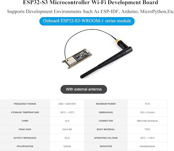 ESP32-S3 Development Board N16R8 16MBFlash + 8MB S RAM, 2.4GHz Wi-Fi and Bluetooth 5, 240MHz Dual Core Processor, ESP32-S3-WROOM Module, for AIoT Projects, with External Dual-Band Wi-Fi Antenna