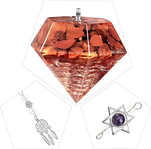 Miniatura 2 de Rockcloud Péndulo de piedra para meditación de división de radiestesia, reiki, curación, equilibrio de energía con atrapasueños, jaspe rojo
