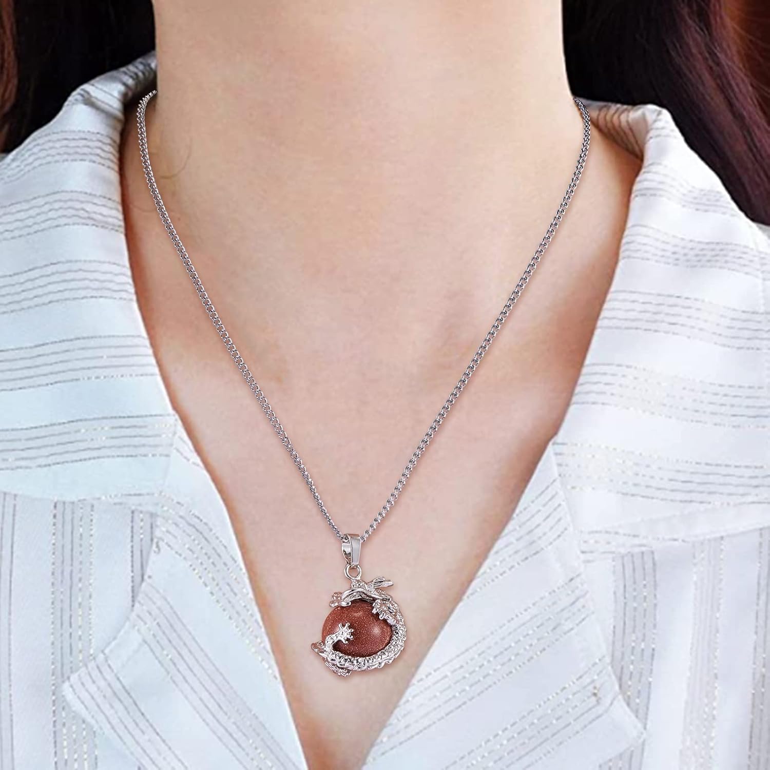 8 Pcs Dragon Wrapped Pendant Round Gemstone Charm Cylinder Crystal Round Ball Necklace with Platinum Brass Findings for Jewelry Making - Image 7