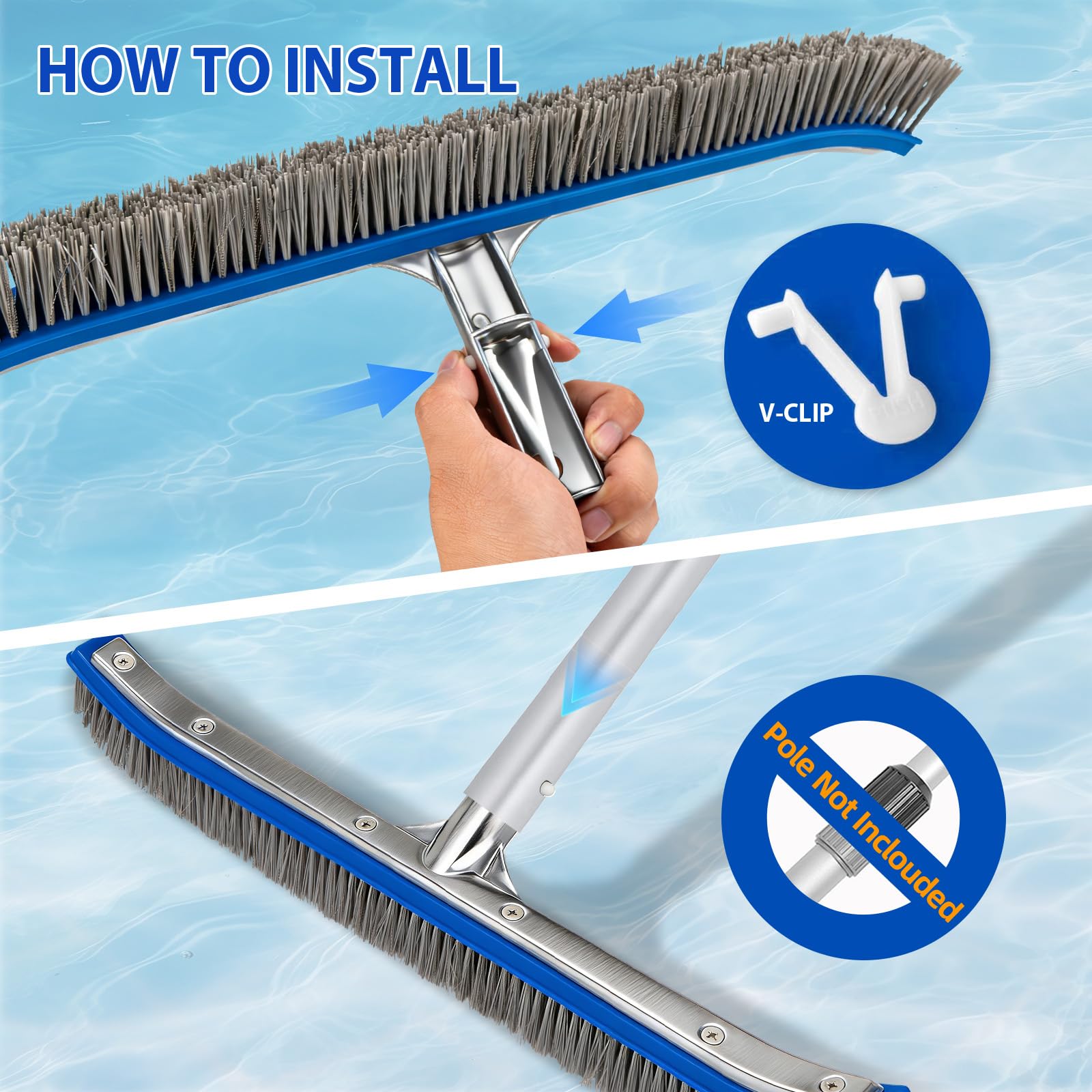 Poolbürste 18 Zoll (45,7 cm) mit Stahl- & Nylonborsten, Pool Bürste mit Aluminiumrücken & EZ Clip Anschluss für Poolstange, robuste Pool Reinigungsbürste für Poolboden, Poolwände&Algen in Einbaupools