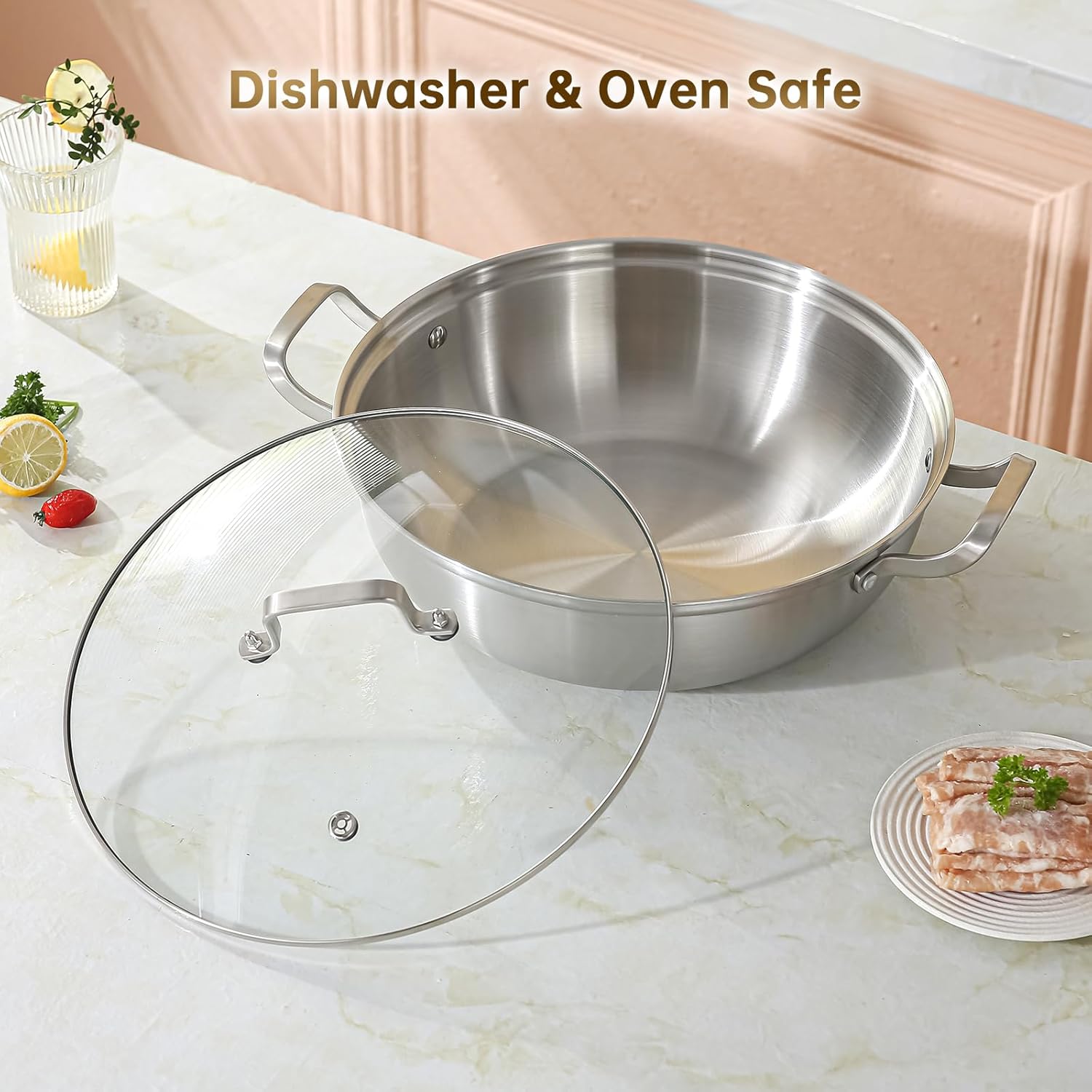 Tri-Ply Stainless Steel Saute Pan,Deep Frying Pan with lid,Compatible with All Cooktops Up to 650℉, Everyday Pan,Hot Pot,Kadhai,Induction Cooking Pot,Dishwasher and Oven Safe. (3.5QT)