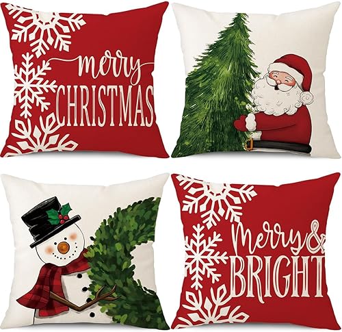 Miniatura 1 de PSDWETS Juego de 4 fundas de almohada de Navidad de 18 x 18 pulgadas, decoración de Navidad, muñeco de nieve, corona de Papá Noel, árbol de Navidad,