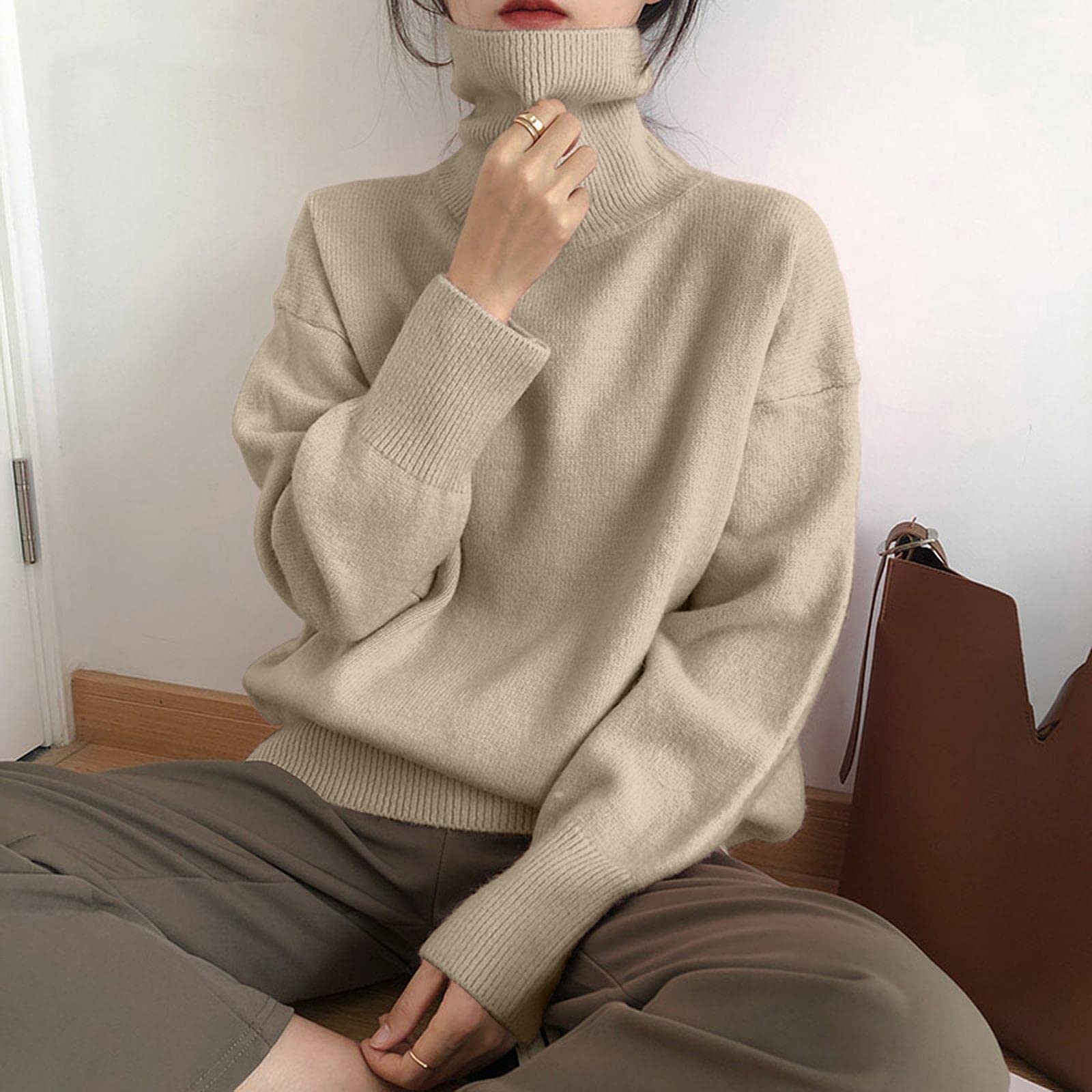 TOBILE Damski sweter z okrągłym dekoltem sztuczny kaszmir elegancki golf dekolt damski sweter miękki dzianinowy podstawowy pulowery okrągły dekolt luźny ciepły damski sweter z dzianiny