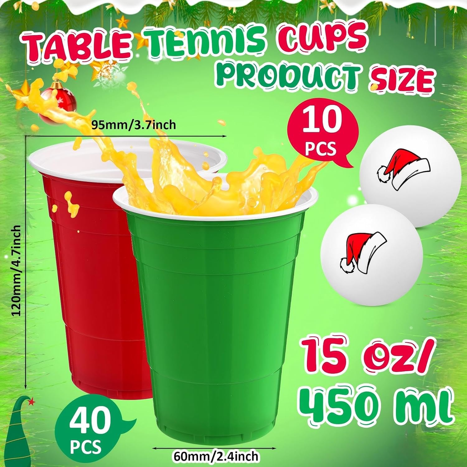 Soulchen 50 Pcs Christmas Game Supplies Set 40 Classic Reusable Plastic Cups 15 oz and 10 Santa Hat Printed Balls Xmas Party Cup Table Tennis Game for Christmas Party House Favor Birthday BBQ Holiday
