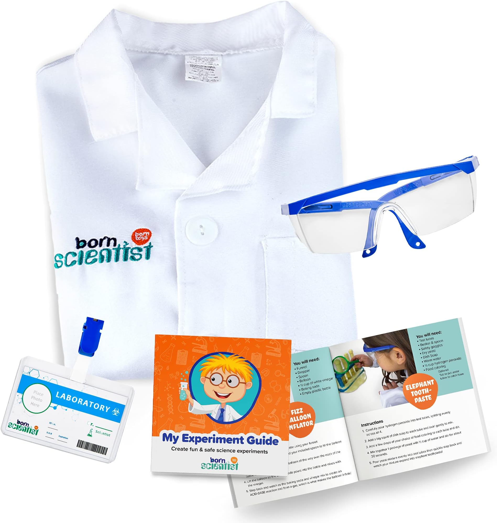 Born Toys Kids Lab Coat w/Kids Science Goggles, Personalized Name Tag & Fun Science Experiment