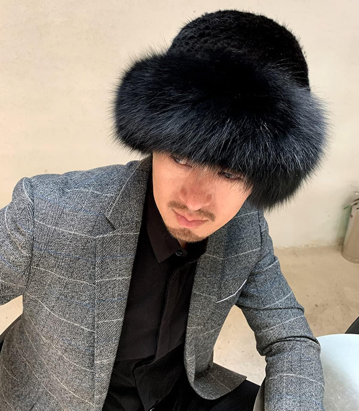Mens Winter Hats Real Mink Hair Bucket Hat with Fox Hair Brim Knitted Skiing Cap Warm Outdoor