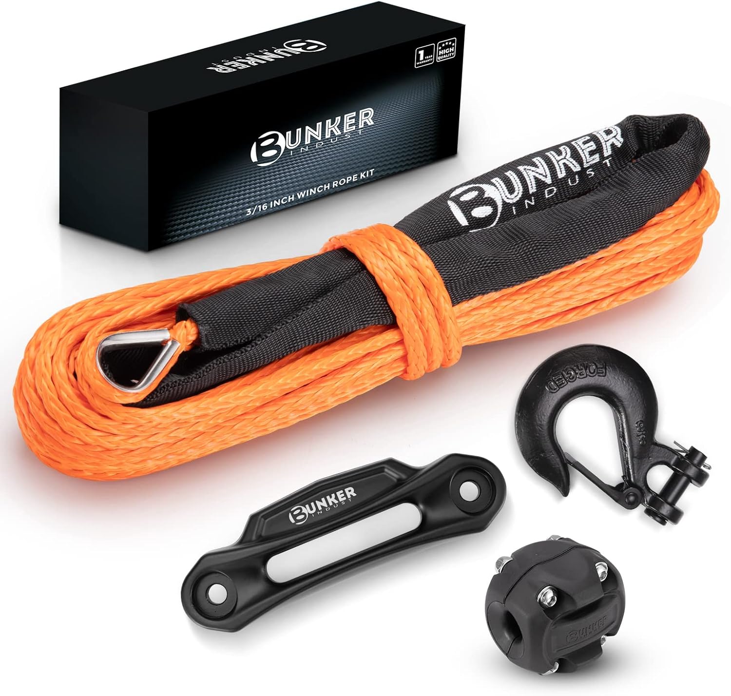 BUNKER INDUST Vehicle Offroad Recovery Kit, Pair Traction Boards Orange + 3/16" x 50' Synthetic Winch Rope + Winch Fairlead+ Stopper+Hook for 4WD Vehicle ATV UTV SUV