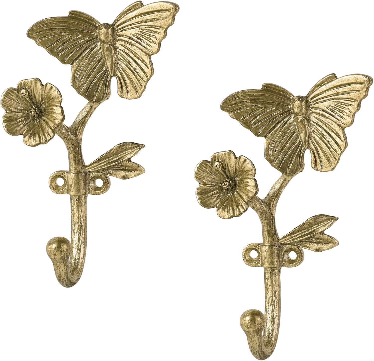 SOFFEE DESIGN 2PCS Heavy Duty Butterfly & Flower Wall Hooks, 3D Vintage Gold Metal Robe Hooks for Entryway Coat Hanger or Bathroom Towel Holder