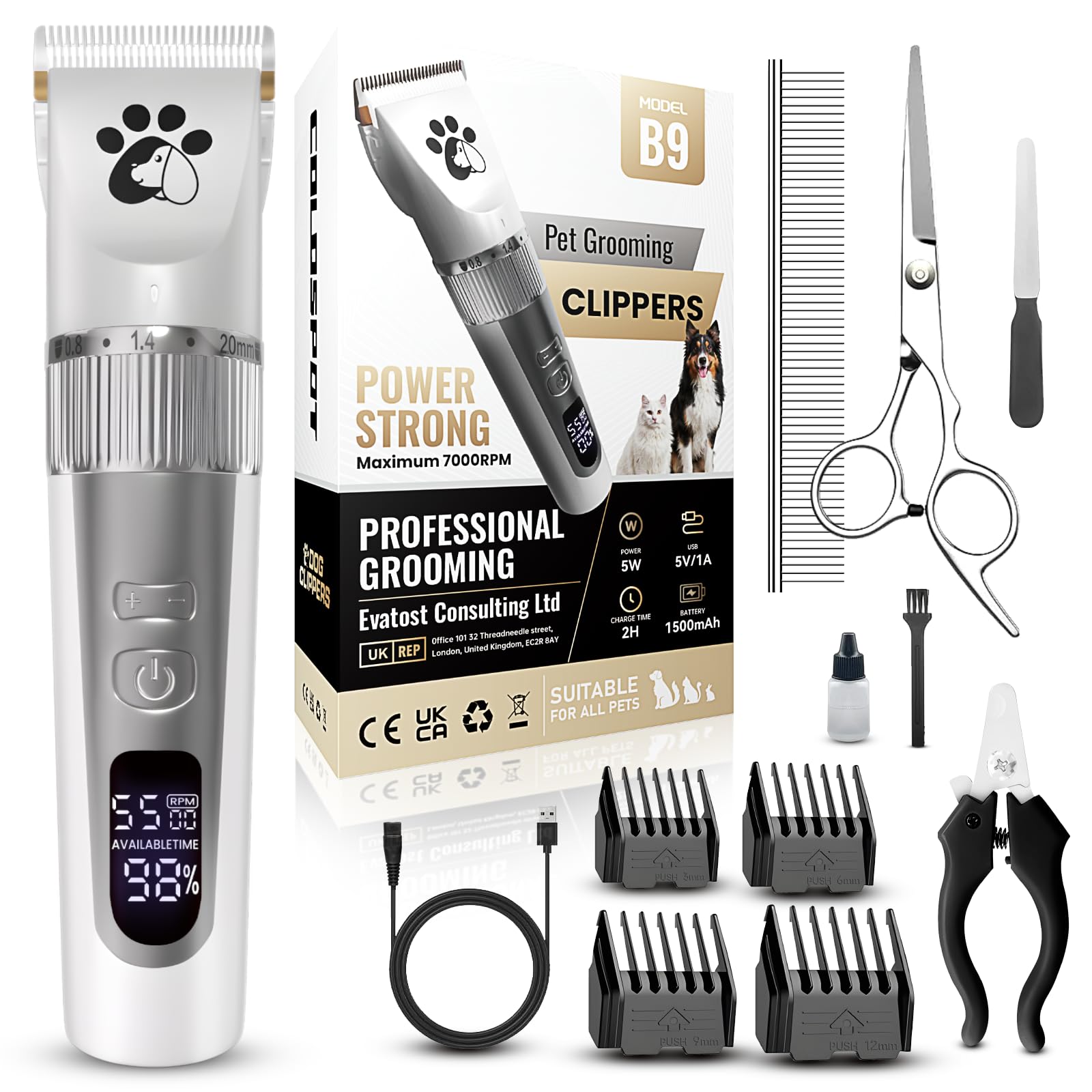 Professional Dog Clippers - Low Noise Cordless Pet Clippers, 4-Speed High Power Dog Trimmer with Grooming Tools Brush Nail Kit
