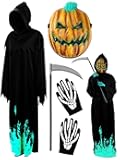 5 Pcs Halloween Pumpkin Grim Reaper Costume Set Include Glow in the Dark Robe Gloves Pumpkin Light up Mask Scythe (For Adults)