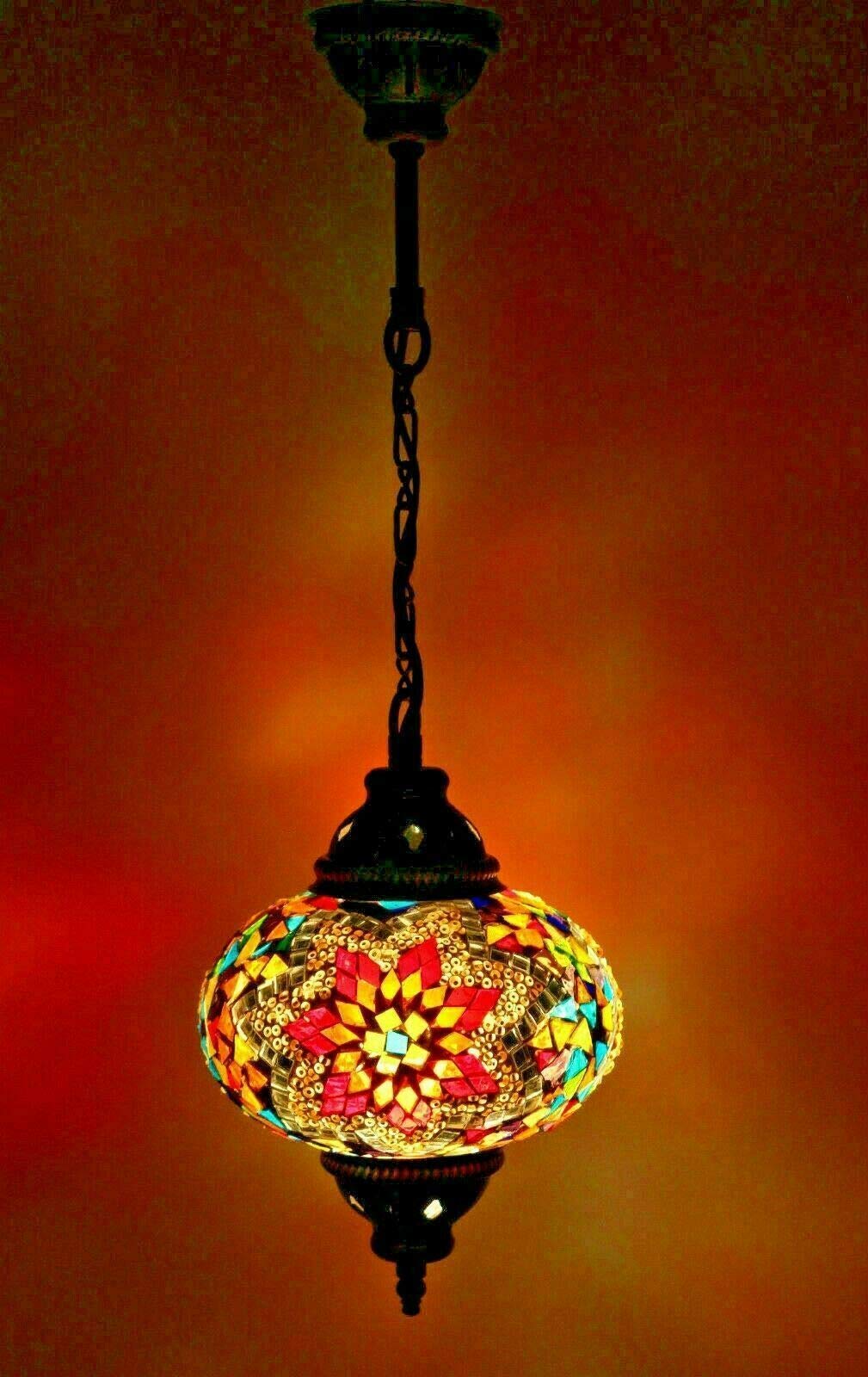 Enva Multi-Colored Turkish Moroccan Handmade Glass Mosaic Ceiling Hanging Chandelier Light Lamp Large Globe