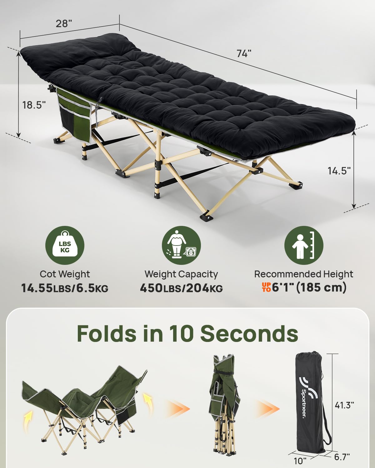 lit de Camp avec Matelas pour Adultes, 71/81cm lit de Camp Pliable 1 Personne Charge Jusqu'à 204 Kg pour Camping, Les Voyages, la Maison, Jardin