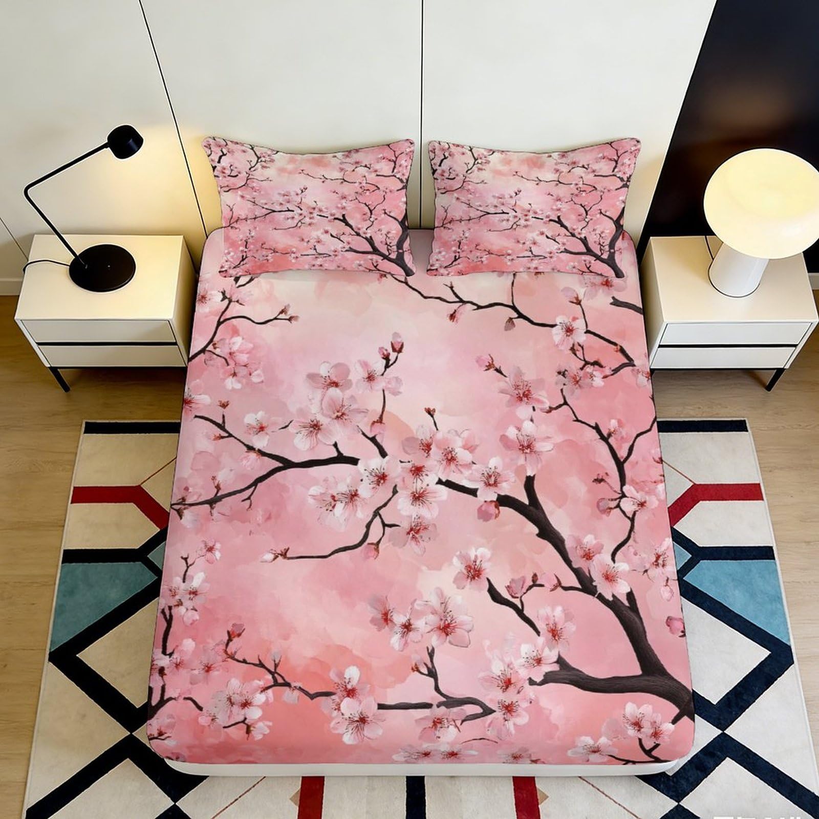 Dhbaneiok Style-6 3D Printed Pink Cherry Blossom Fitted Sheet Microfiber Soft Bedroom Decor Plum Branch Mattress Cover For Home Dorm 90X200x25cm