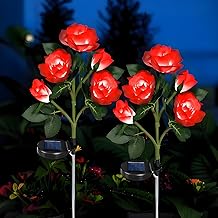 Hqynss Set of 2 Solar Lights Outdoor Garden, IP65 Waterproof LED Solar Rose Flowers, Solar Flowers for Patio, Balcony, Path, Wedding (Red)
