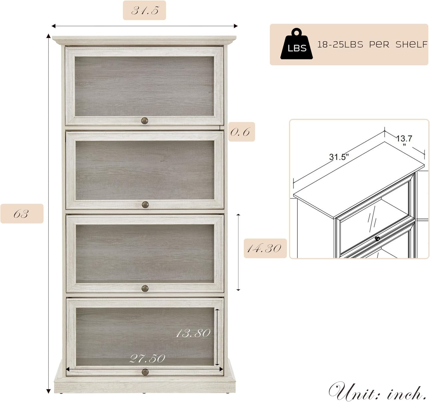 63" Tall Behind The Door Bookshelf with Flip up Glass Doors, Farmhouse Barrister Bookcase with Shelves, Antique Display Curio Cabinet for Collectibles, Office, Living Room (White)