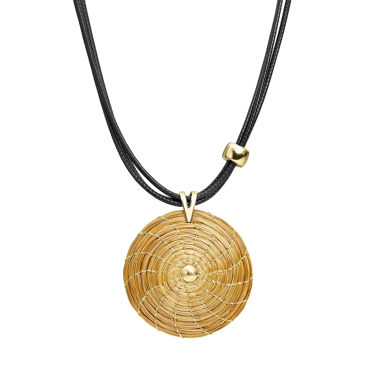 VERA NAVARRO - Collana Pendente Mandala Aperto Dorato in Oro Vegetale Ø 30 mm - Catena a Filo Cerato 42 cm con Prolunga - 100% Naturale Fatto a Mano