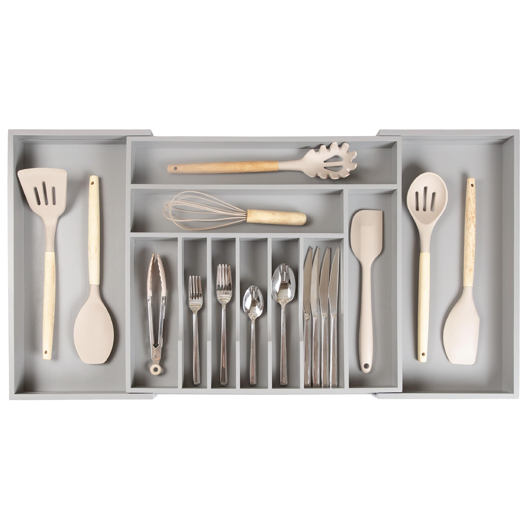 KitchenEdge Organizer do szuflad kuchennych na srebra, sztućce i przybory, jakość premium, bezpieczny w kontakcie z żywnością, z możliwością rozszerzenia od 45,7 do 83,3 cm, szary bambus