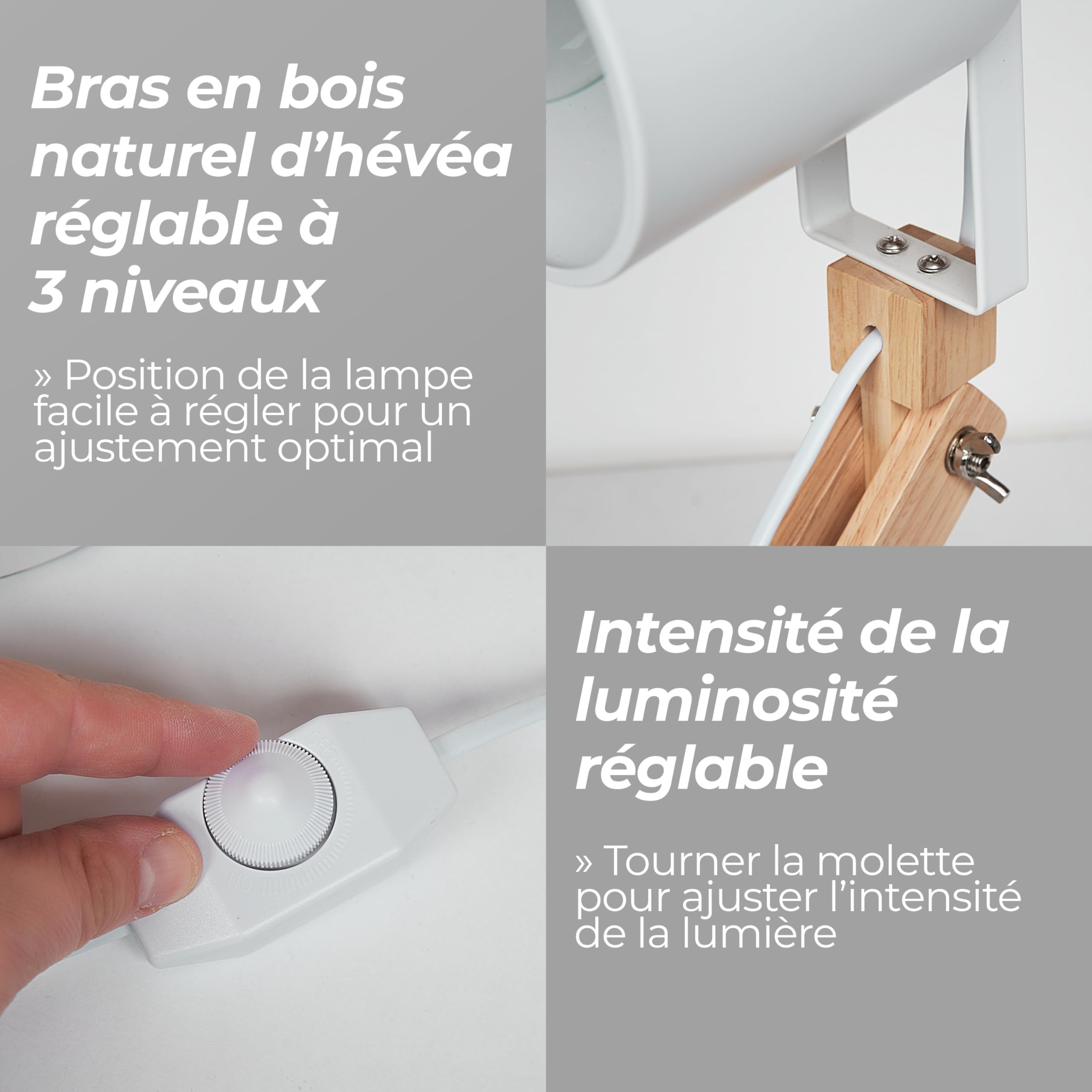 Designerska lampa biurkowa, naturalne drewno i metal w stylu nordyckim, 3-stopniowa ściemnialna dioda LED, bardzo stabilna i wytrzymała z regulowanym ramieniem, żarówka LED E27 w zestawie