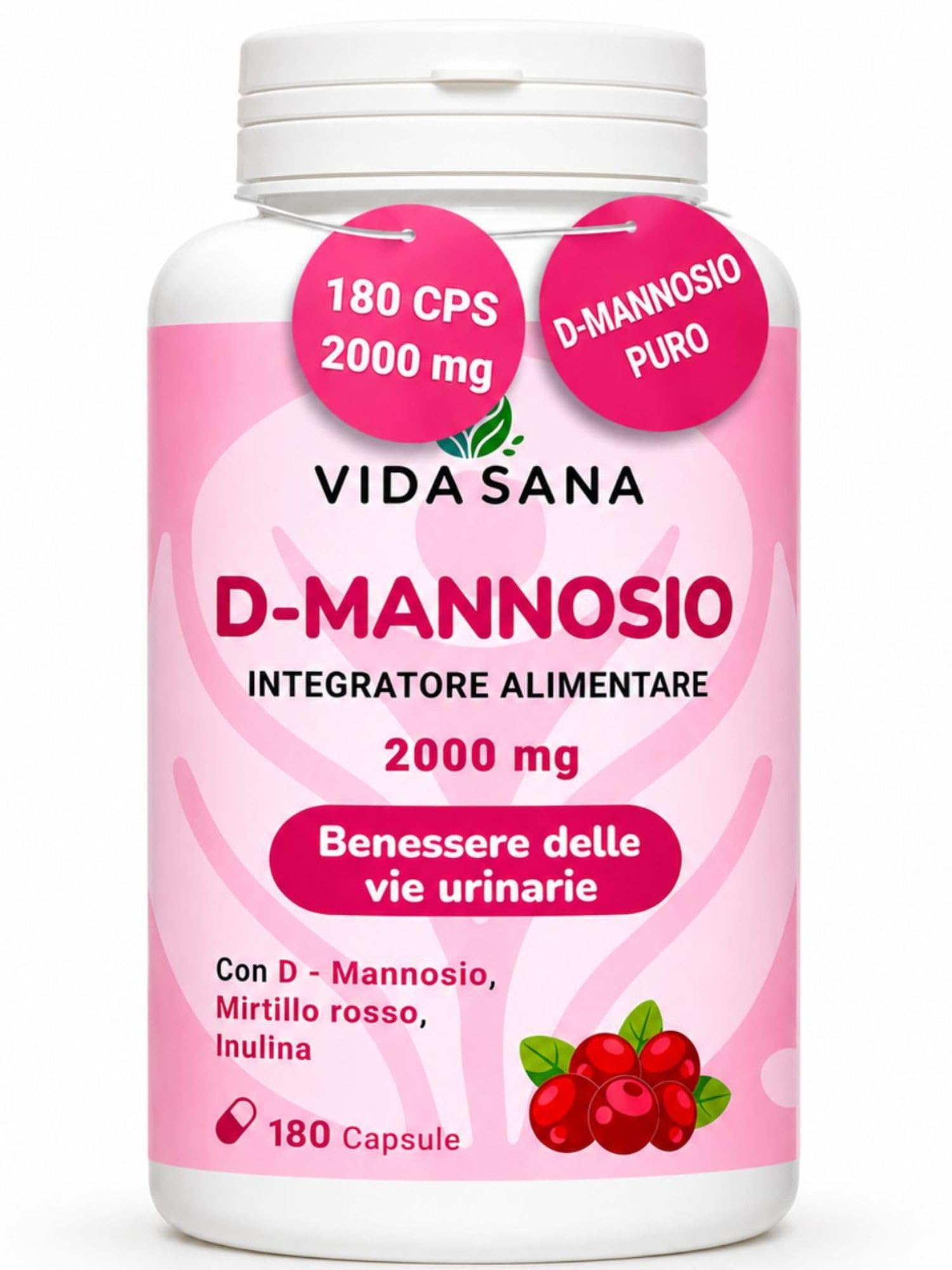 D-Mannosio Puro 2200 mg con Mirtillo Rosso – 180 Capsule | Integratore Donna e uomo per Vie Urinarie e Cistite | Supporto contro Candida e Infezioni Urinarie