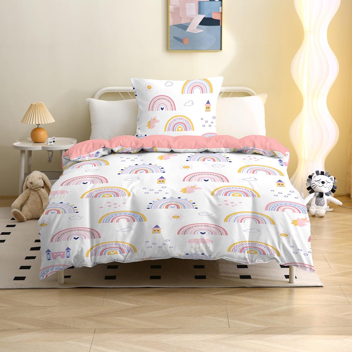 MUSOLEI Set di biancheria da letto 135x200 per bambini con unicorno arcobaleno, ragazza rosa principessa, biancheria da letto in microfibra con stampa 3D cartoon, copripiumino e 1 federa per cuscino