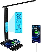 snsok Foldable Desk Lamp with Wireless Charger, USB Port, Clock, Alarm, Temp Display - Dimmable Eye-Caring LED for Office, Bedroom, Bedside