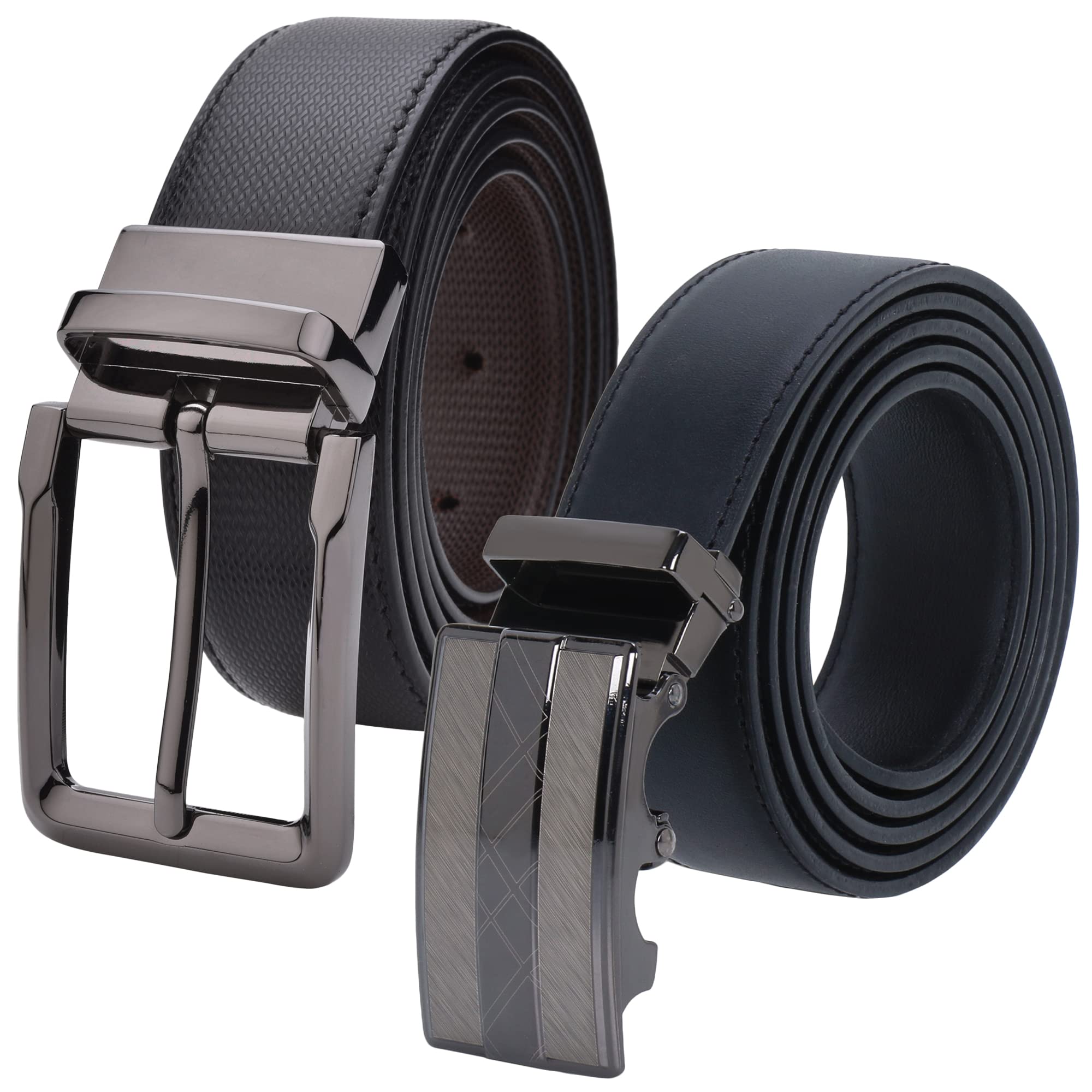 LabnoftMen's PU Leather Auto Lock & Reversible Belt Combo (005+015-Black)