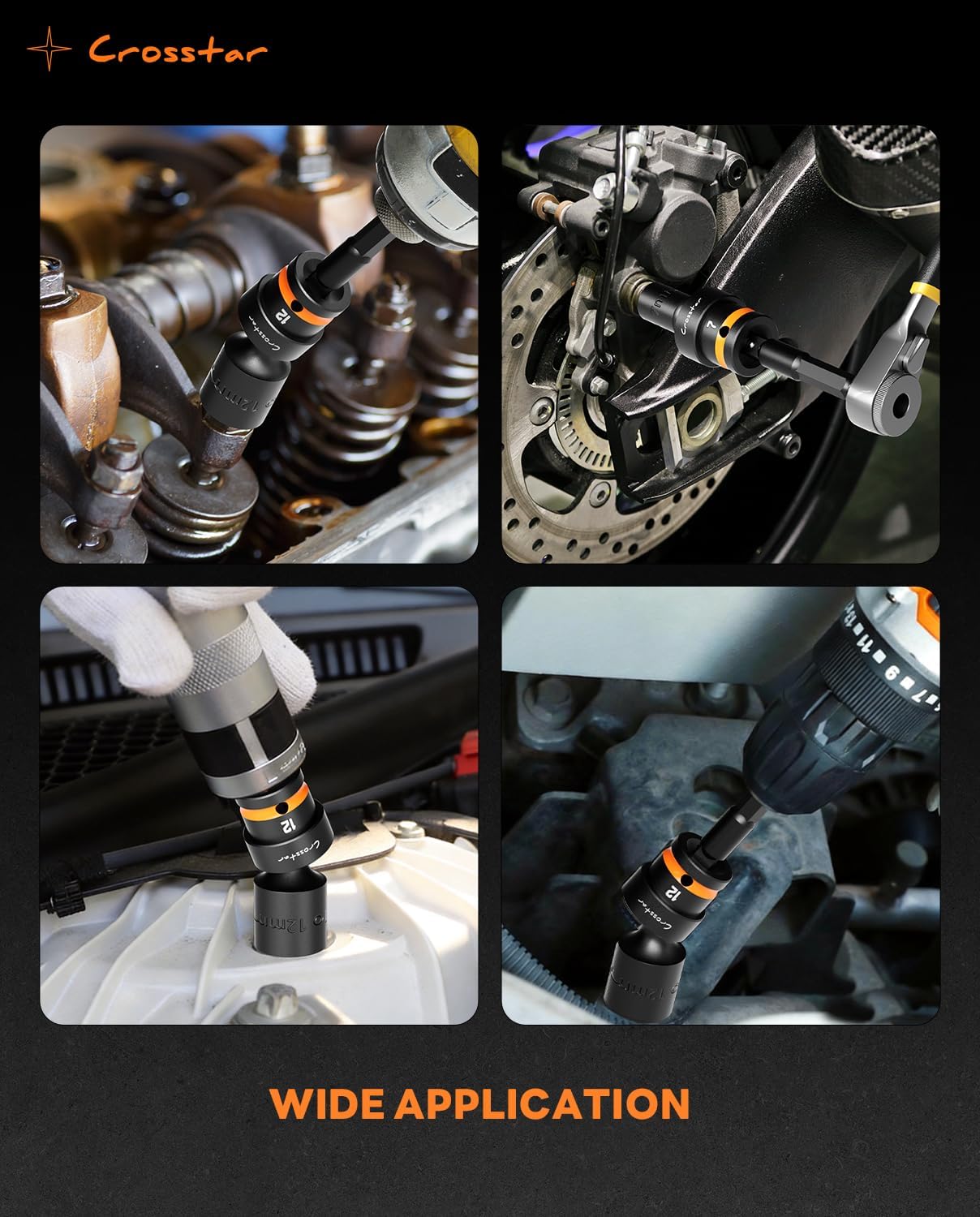 Crosstar 1/4" Drive Impact Universal Joint Socket Set,14-Piece, Metric Wobble Sockets with Extension Bar, 6-Point Swivel Shallow Socket,Cr-Mo Steel, Transparent Case,Flexible Rotation for Tight Space