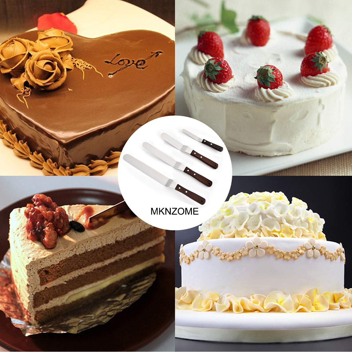 Set di 4 spatole professionali per glassa, in acciaio inox, con manico in legno, per decorare torte, glassare dolci e cupcake