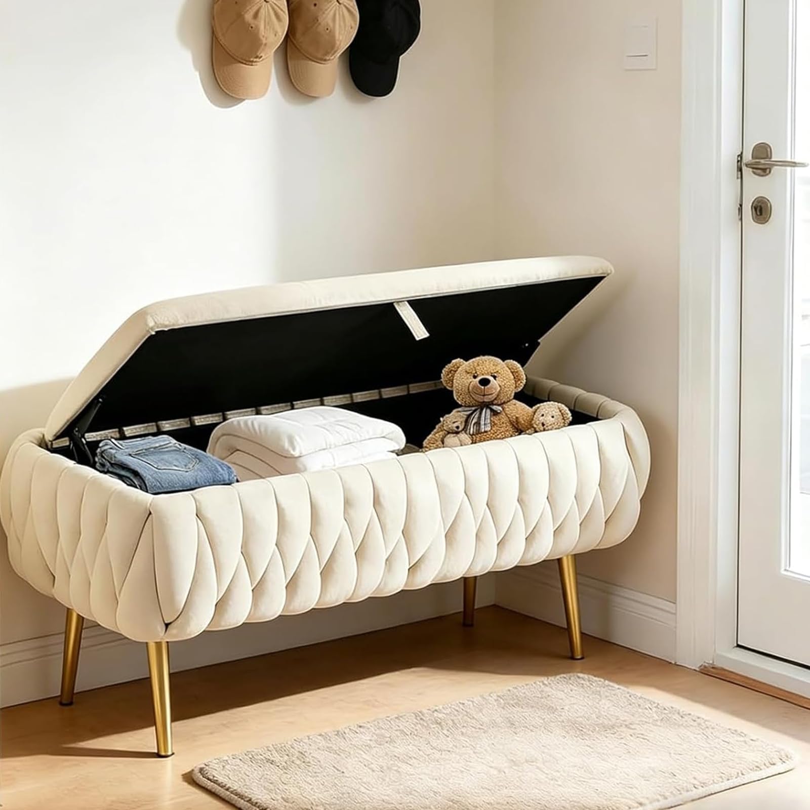 Hocker mit Stauraum, Pouf mit Stauraum, Flurbank, Sitzbank Stauraum, Aufbewahrungsbank, bis 300 kg Belastbar, Hockerbank für Wohnzimmer, Flur, Schlafzimmer (Weiß)
