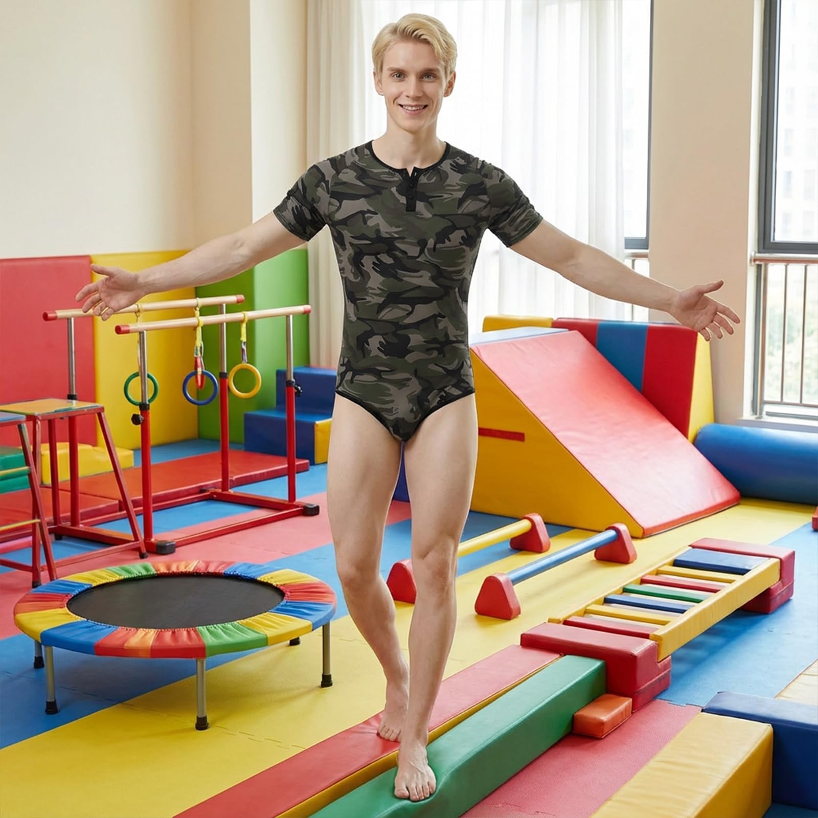 CutiePlusU Męska piżama z krótkim rękawem Onesie bawełna guzik krok body dla dorosłych