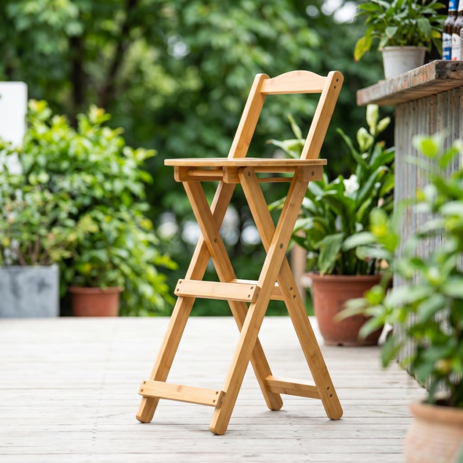 Qectial Asiento Plegable para Mostrador Taburete Alto Silla de Barra Silla Plegable de Bambú con Respaldo y Diseño Plegable Completo Estructura Estable y, Grande 96CM, Marrón Té