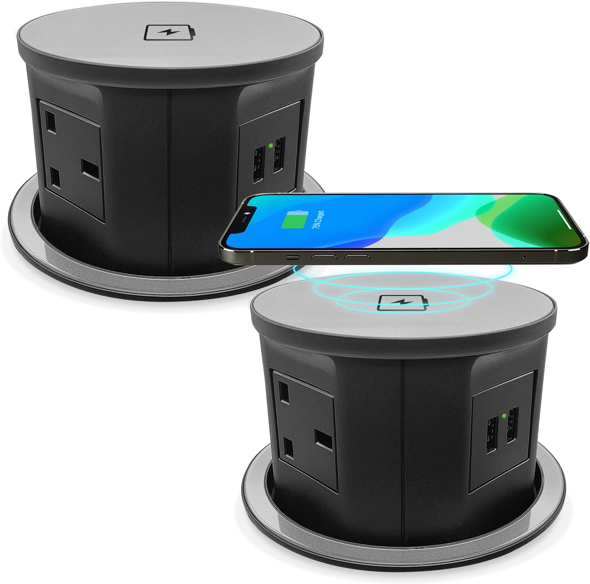 Automatic POP UP Sockets Kitchen Worktops Offices, Wireless hidden retractable pop-up 3 pin plugs,2x USB + Qi charging, ipads phones +surge protection charge (Black (Pack of 2))