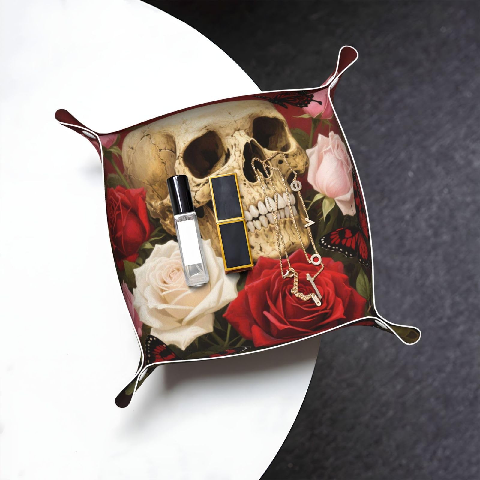 Vintage Rose Skull Valet Tray Organizer Pu Leather Travel Catchall Tray Organizer Portable Jewelry Tray Storage Keys Tray for Entryway Table Coins Watches Candy