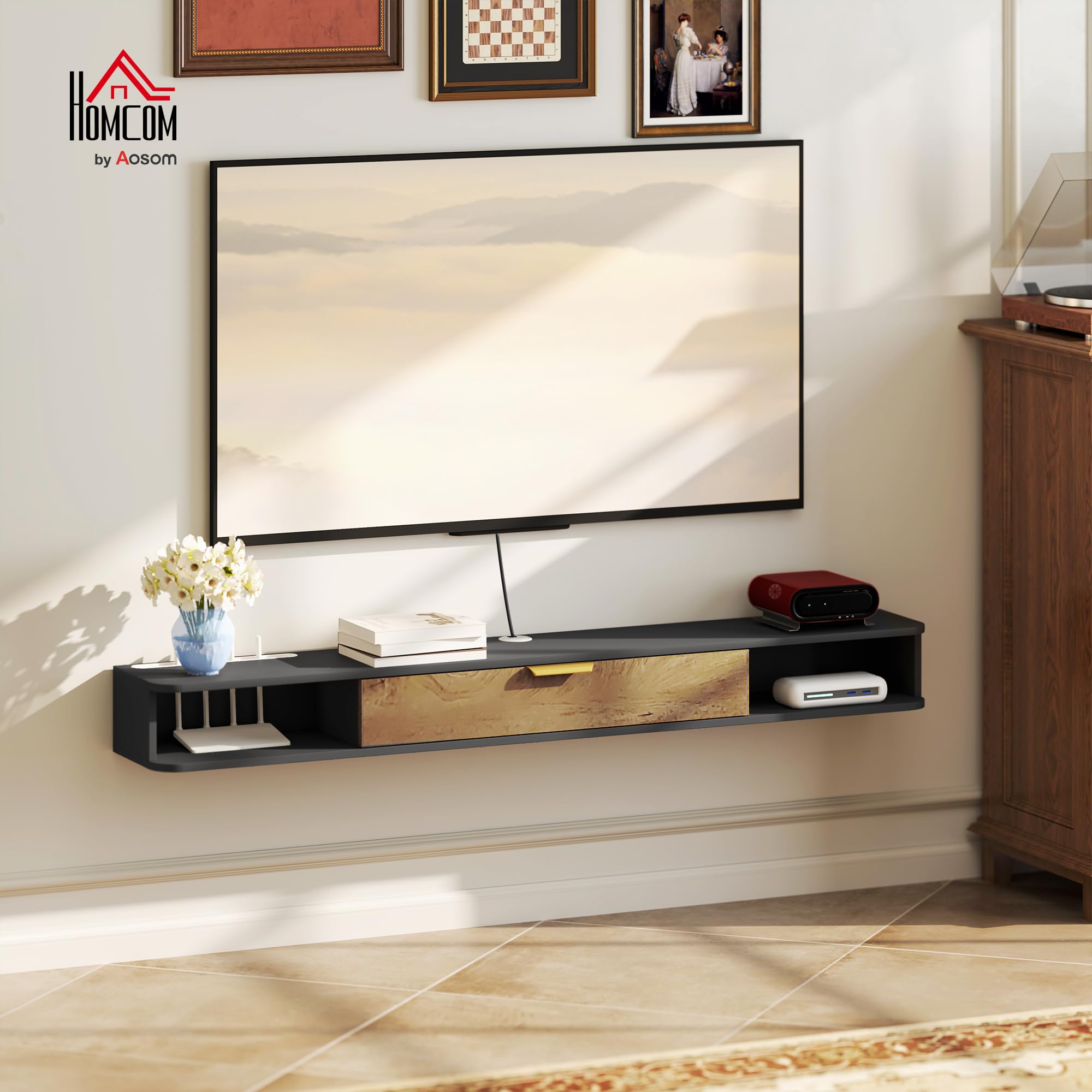 HOMCOM Soporte TV de Pared con Puerta abatible, 160x24x16cm, Gris | Soporte TV de madera, Banco TV de pared, compartimentos abiertos, gestión de cables, para salón dormitorio