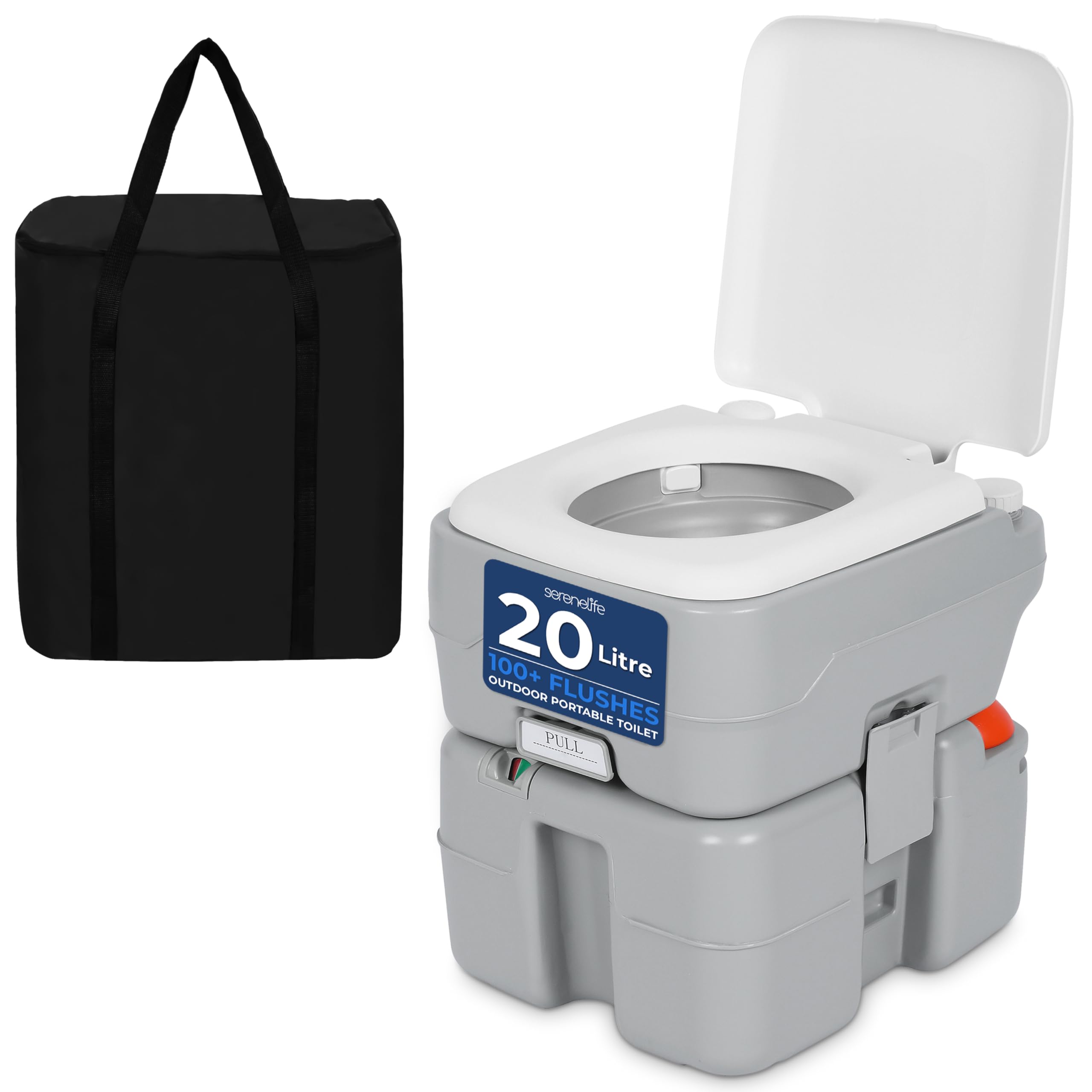 SereneLife 20L Portable Toilet for Adults, Leak Proof Camping Toilet with Detachable Waste Tank, Ideal for Camping and Other Recreational Activities, Durable and Comfortable Toilet Seat, 120 Flushes