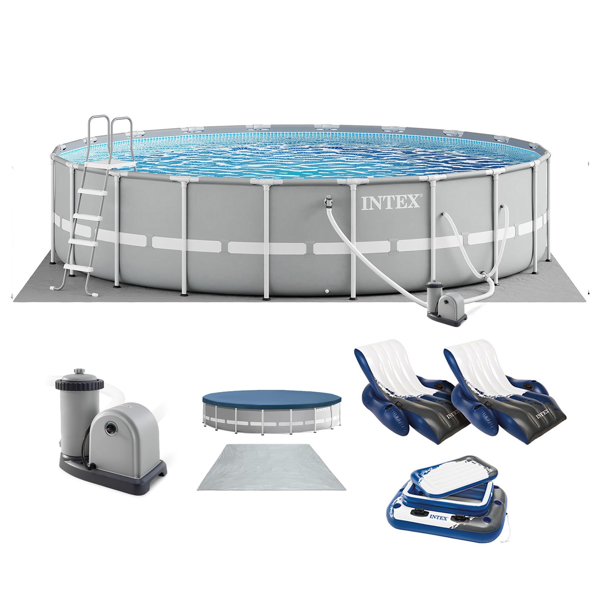 Intex 20ft x 52in Outdoor Prism Frame Above Ground Swimming Pool Set with Cartridge Filter Pump, 2 Lounger Float Chairs and Inflatable Cooler with Lid-image-41