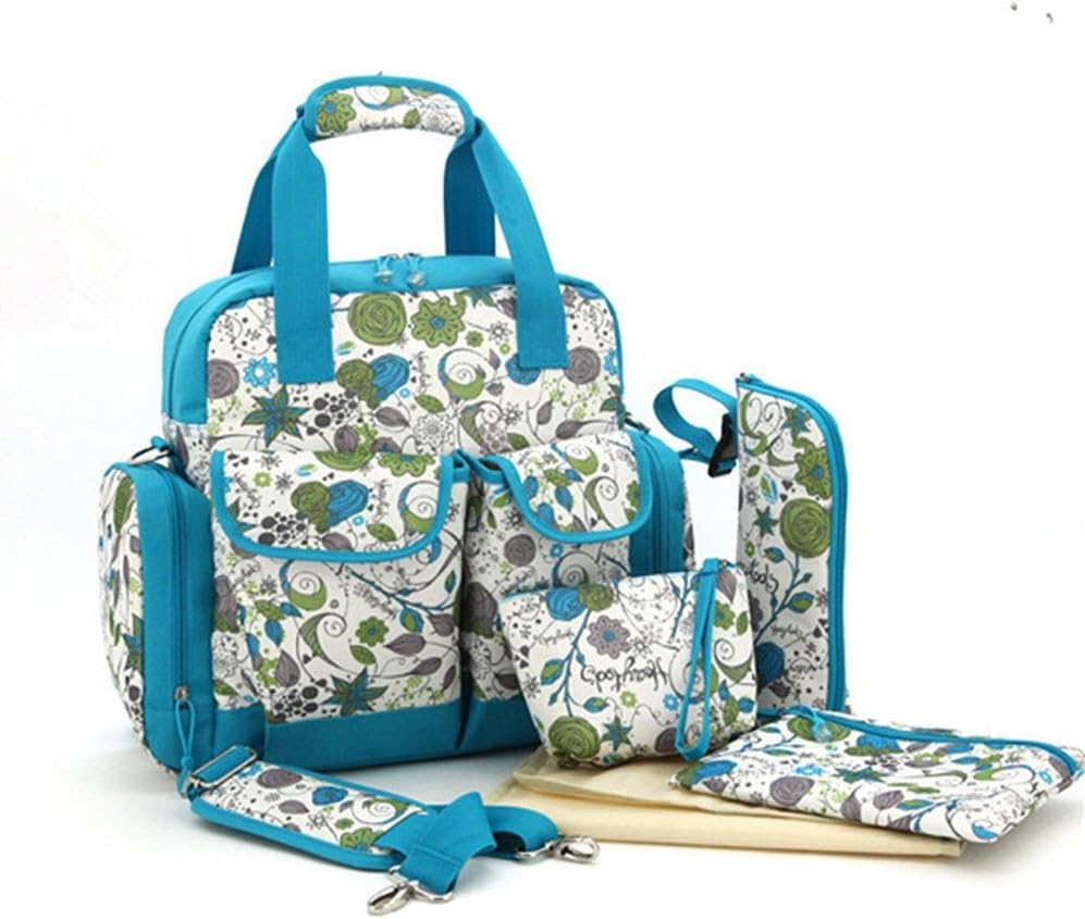 Forkidlove 5pc Waterproof Diaper Tote Bags Satchel Mommy Backpack Baby Nappy Dot Handbag Set (GreenFloral)