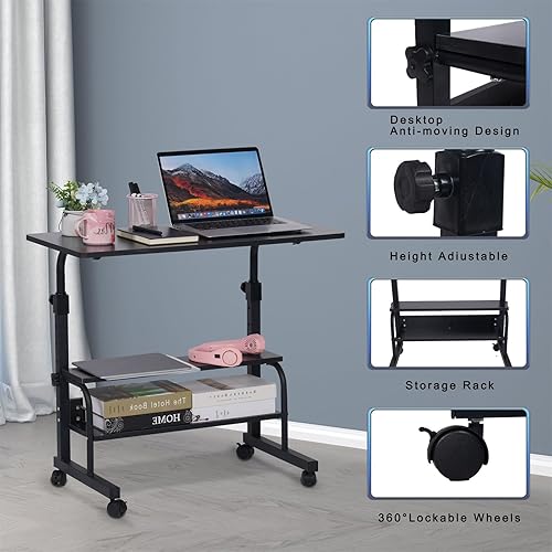 Miniatura 5 de Escritorio portátil con ruedas de altura ajustable, escritorio de pie pequeño de 32 pulgadas, escritorio de computadora para espacio pequeño,