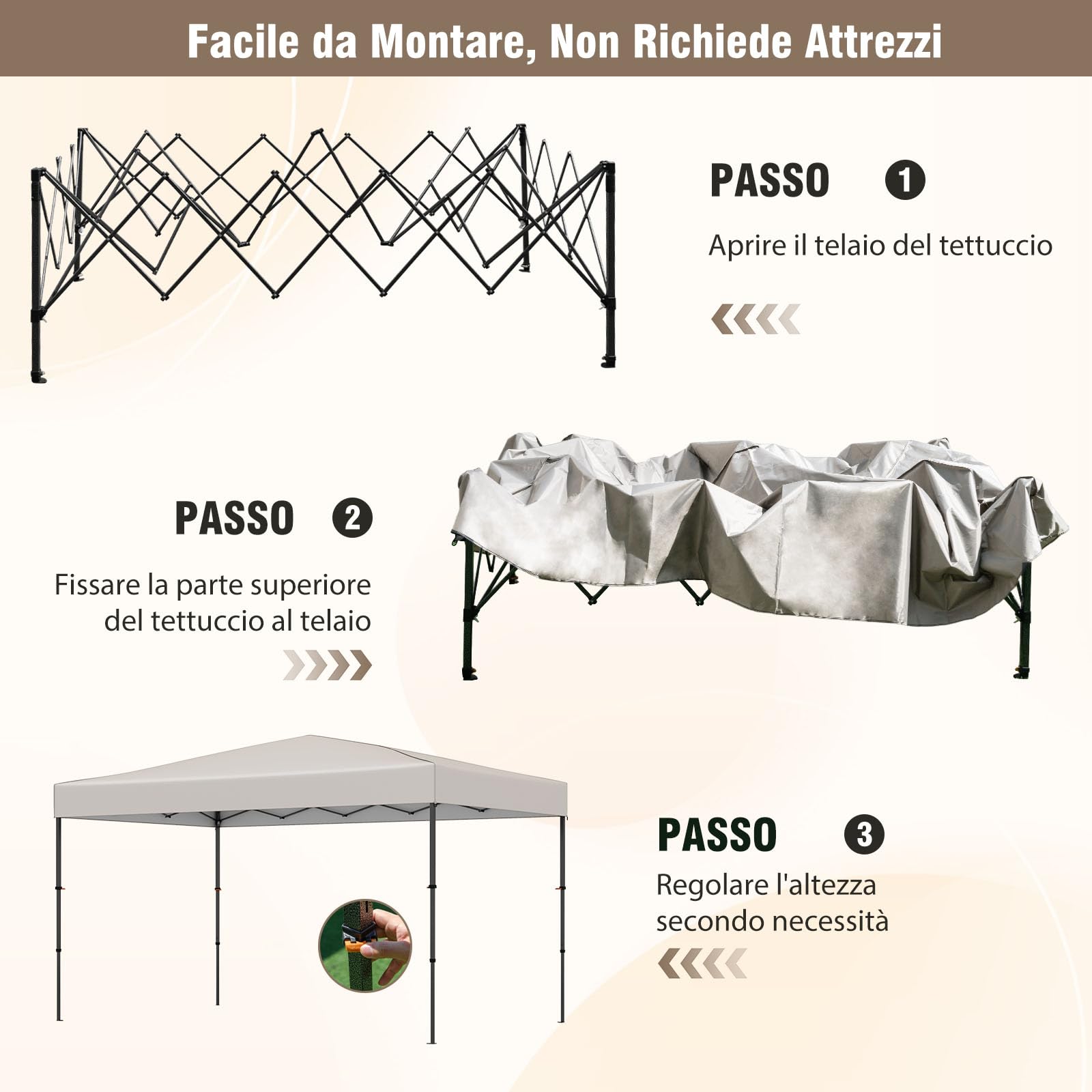 COSTWAY Gazebo Pieghevole Impermeabile, Gazebo Esterno Resistente con Acciaio Regolabile, Borsa Portatile, 9 Picchetti e 4 Corde Antivento, per Giardino, Feste e Barbecue (Beige, 3,65 x 2,25 m)