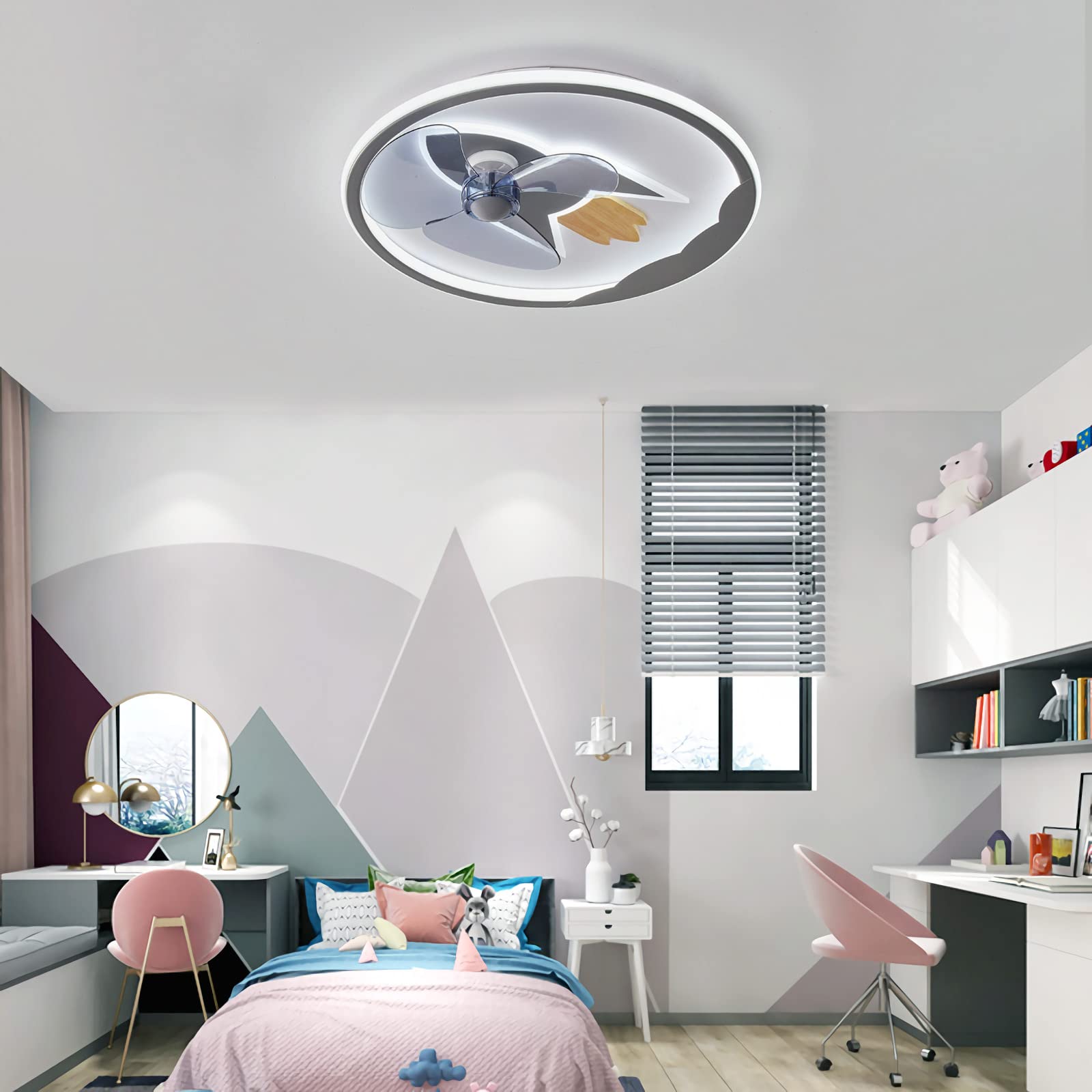 Children's Ceiling Fans with Lights and Remote, Dimmable LED, Silent Reversible 6 Speed Timer, Chandeliers with Fan for Kids' Bedroom - Rocket Design, APP Control