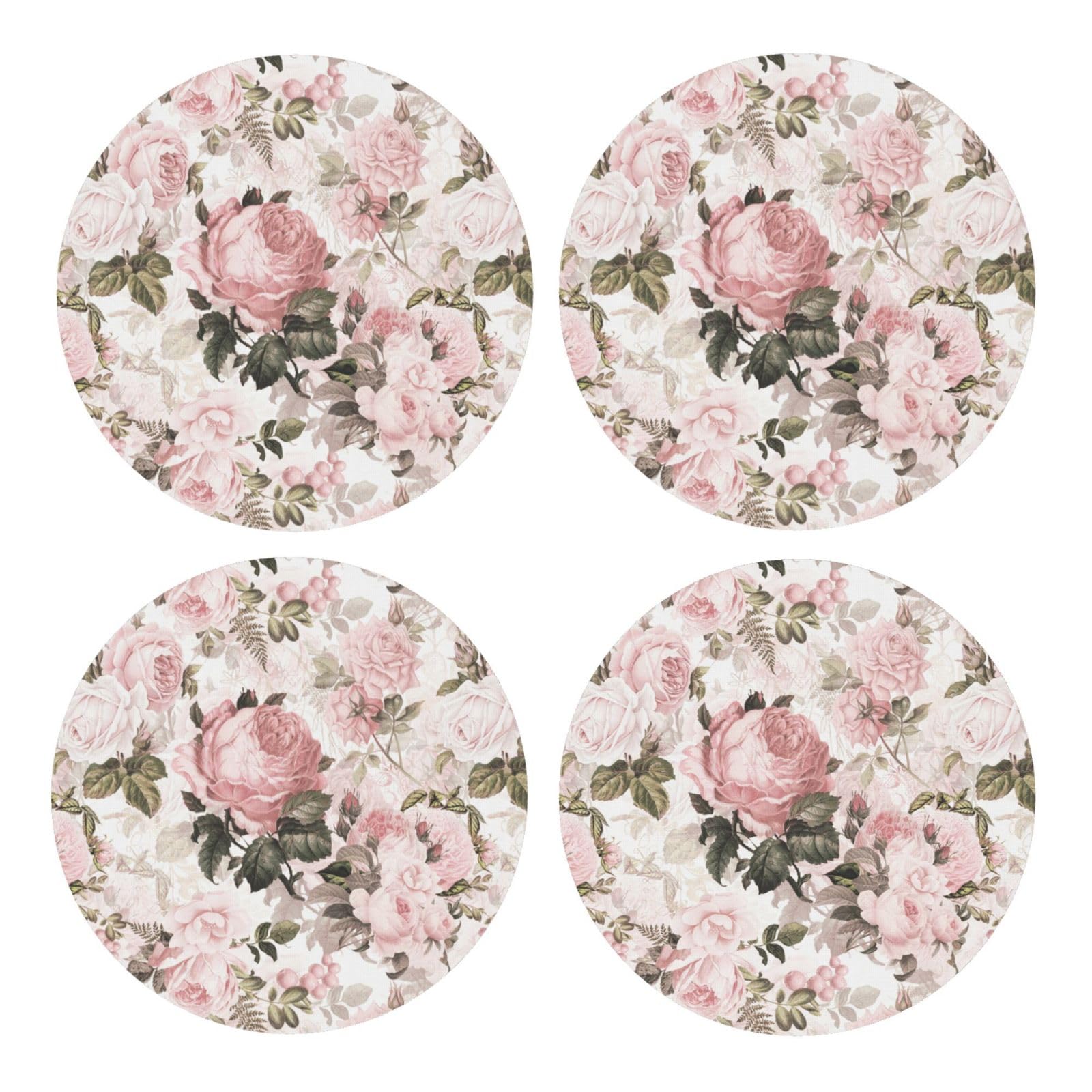 Vintage Shabby Chic Sepia Pink Roses,Round MDF Cork Coasters, Mugs Pad, Cups Mat Set of 4 Drinks Coasters