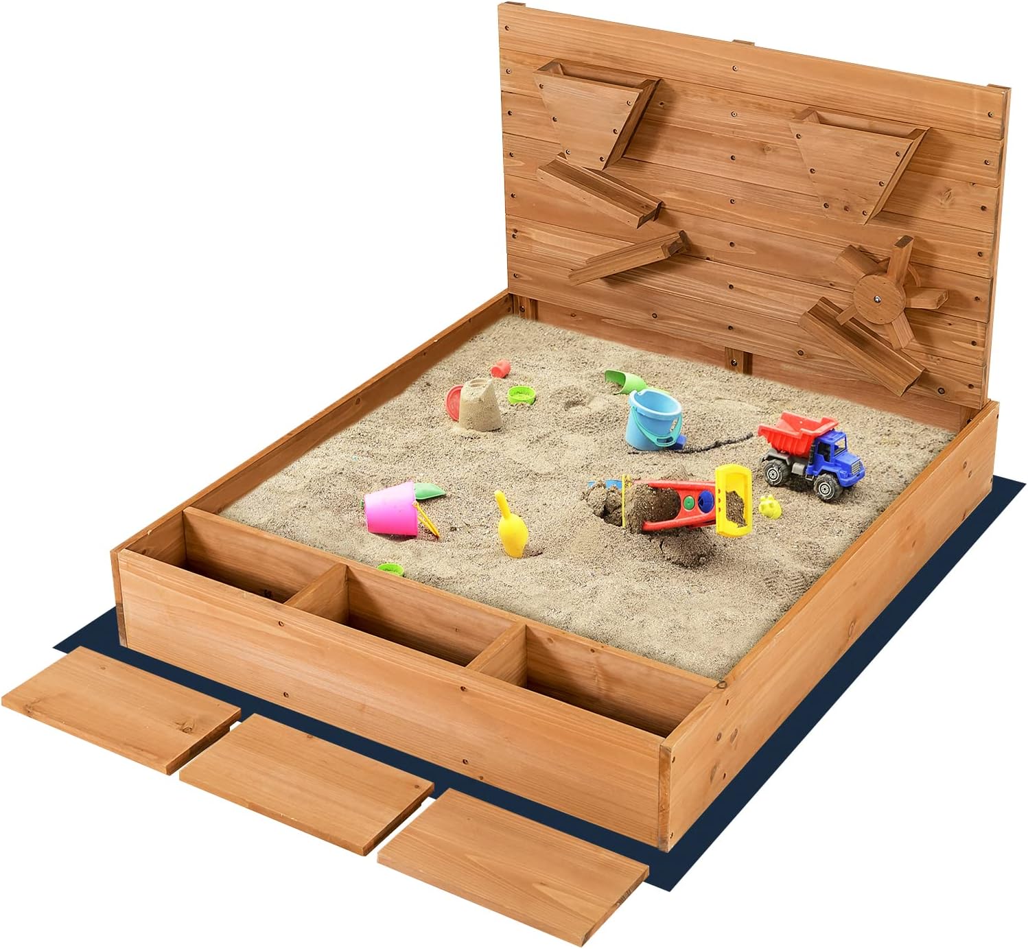Costzon Wooden Sandbox with Cover, Sand Wall, Bottom Liner, Bench Seat with Toy Storage Space