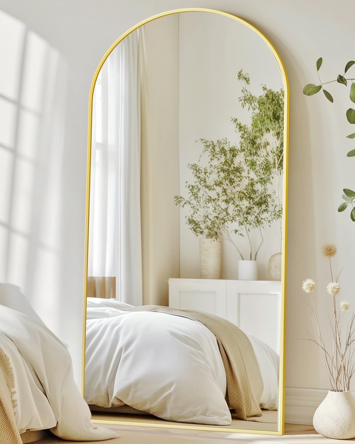 Antok Miroir Pleine Longueur, sur Pied, 180 x 76 cm, avec Cadre en Alliage d'aluminium et Verre incassable, Miroir de Sol bombé pour Salon, Dressing, doré
